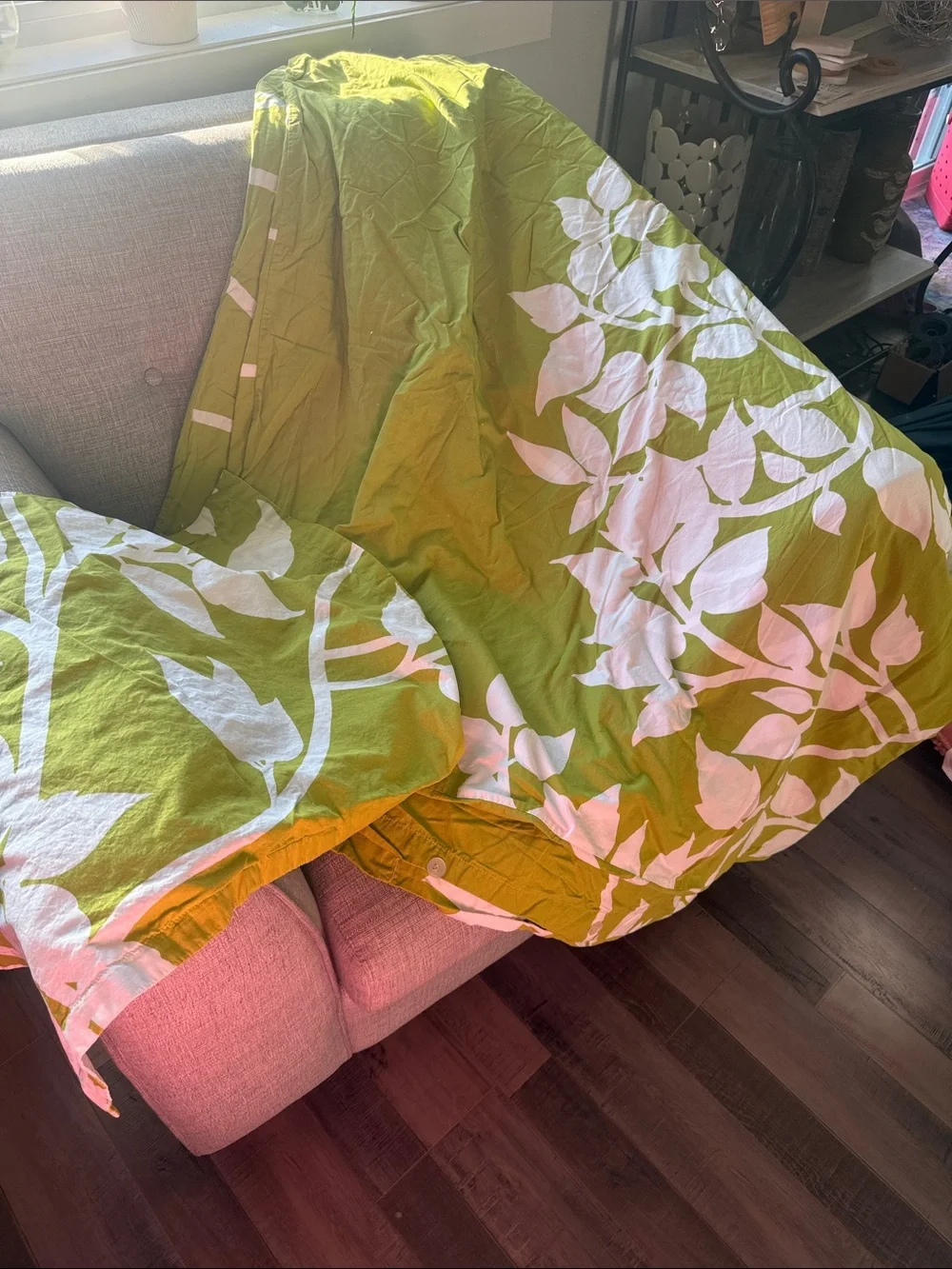 Crate&Barrel Green and White Botanical Duvet Cover